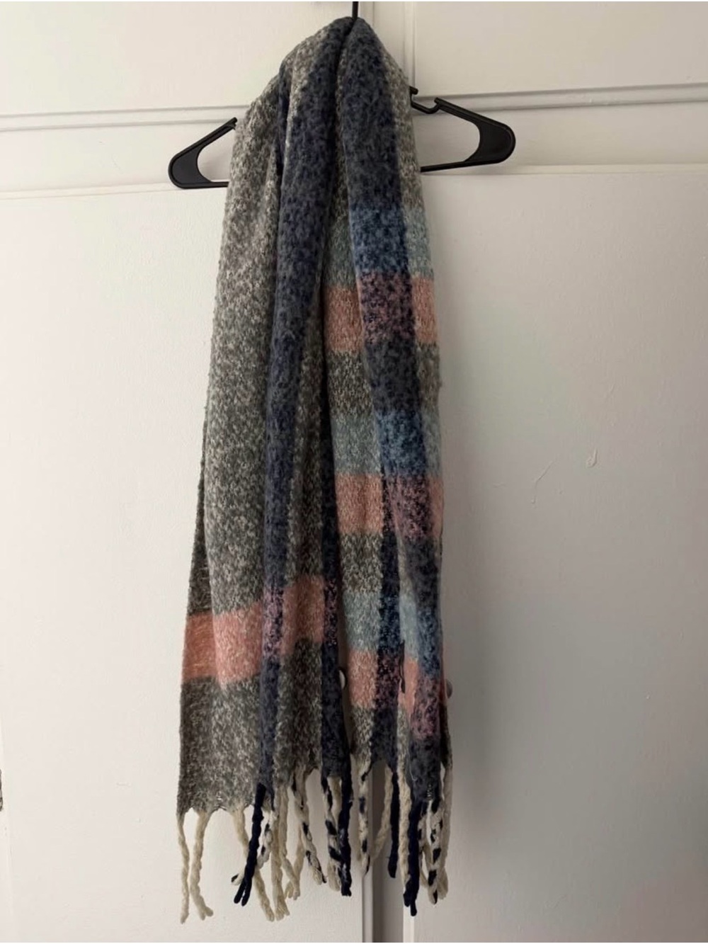 Cozy Gray Plaid Fringe Throw Scarf with Pink & Blue Accents